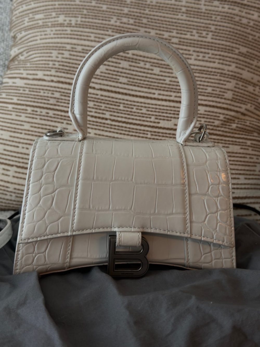 Balenciaga White Croc-Embossed Hourglass Mini Top Handle Bag